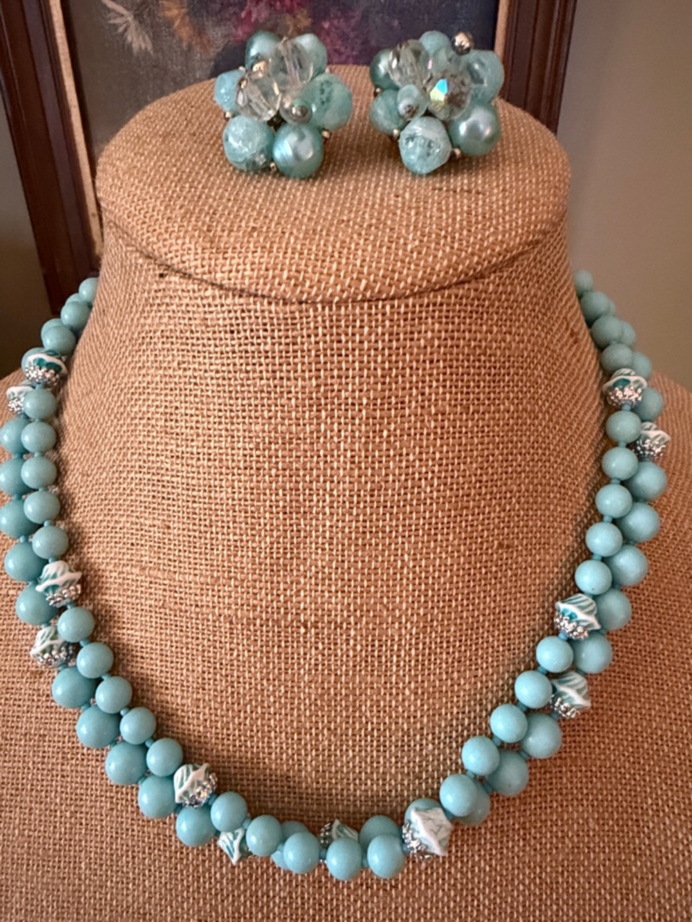 VTG Blue Bead Necklace and Clip-On Earrings Set
